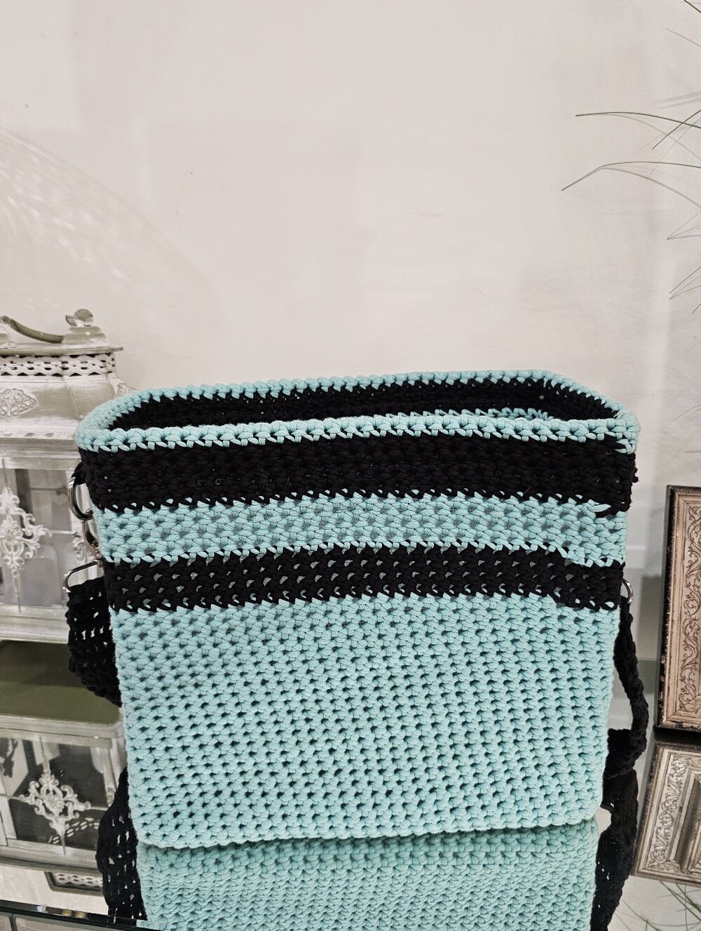 Handmade Crocheted Mint & Black Women’s Shoulder Bag